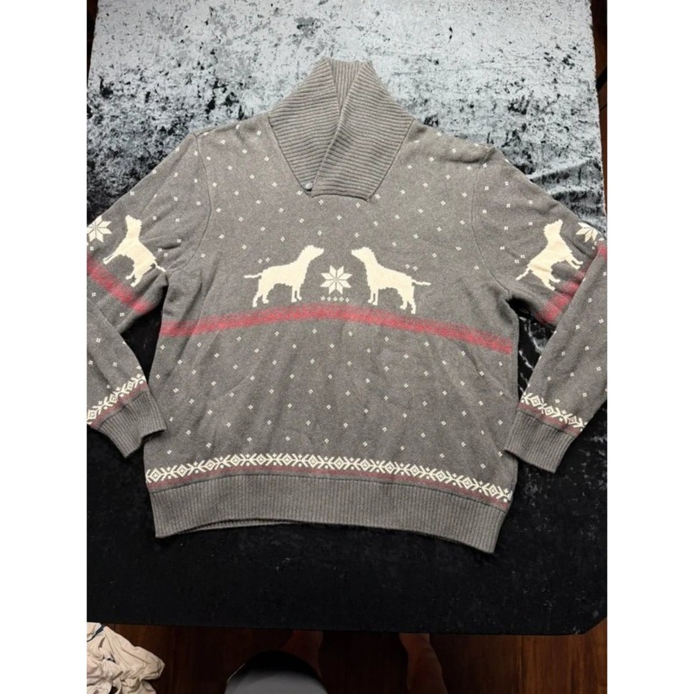Chaps Mens 4XB Dog Fair Isle Shawl Collar Sweater Gray Cotton Big Tall Nordic